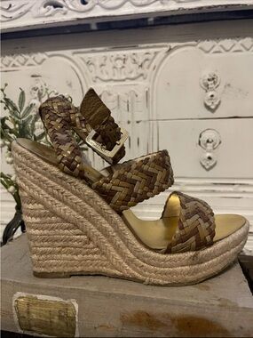Michael Kors Braided Leather Espadrille Wedge Sandals in Brown & Tan